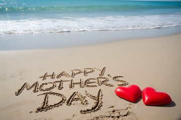 Fototapeta premium Happy mother's day wishes on a beautiful beach with hearts