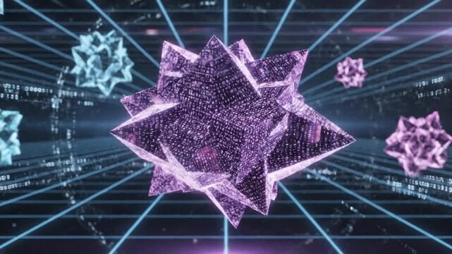A futuristic digital star-shaped object glows with vibrant particles amidst a network grid background with connecting lines and floating geometric shapes
