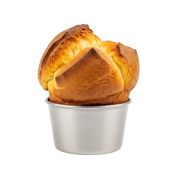 Golden Popover Muffin Baked in Metal Cup Isolated on White