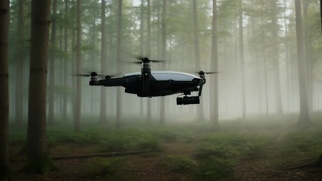 Drone flying in a misty forest capturing cinematic footage for aerial photography