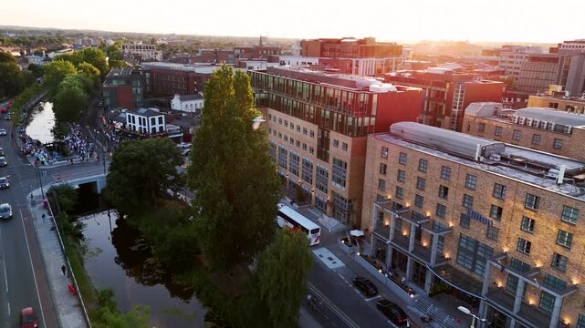 Golden Hour Over Dublin Grand Canal - Aerial drone footage capturing the warm glow of sunset