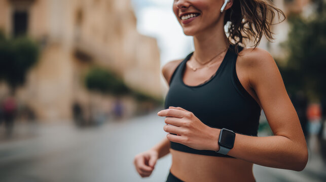 Close up of a woman using a wearable health tracker while running for sports performance and digital biometric data monitoring concepts