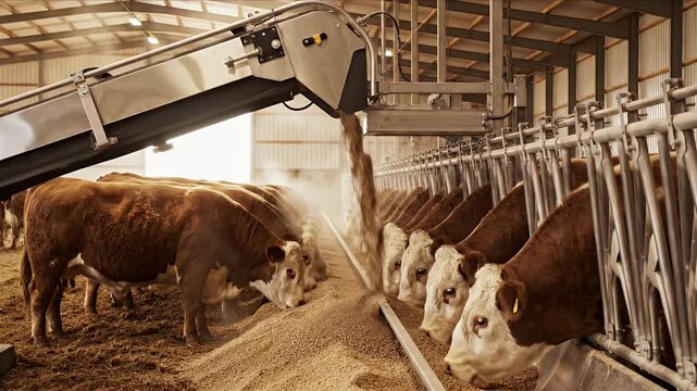 Automated Cattle Feeding System Dispensing Measured Feed to Livestock in Barn with Natural Light