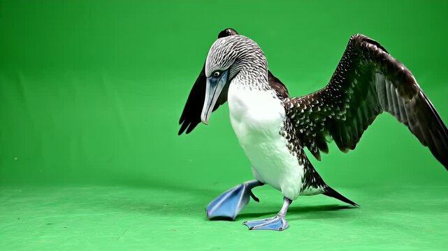 Blue footed booby bird isolated on green screen background performing slow motion movement with distinctive blue feet