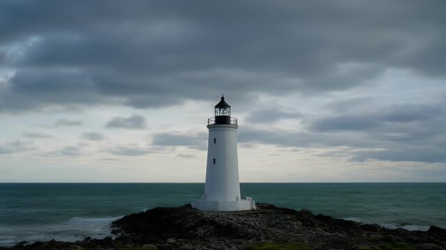 Solitary white lighthouse stands vigilant against the turbulent sea under cloudy skies