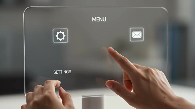 Human hands interacting with a translucent digital interface, accessing settings and email