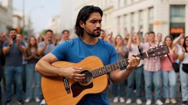Passionate guitarist serenades a supportive crowd in an urban outdoor setting