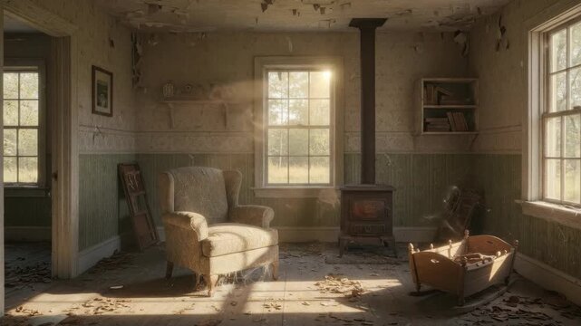Dusty abandoned room bathed in sunlight Old furniture sits in disrepair An antique stove stands tall hinting at past warmth