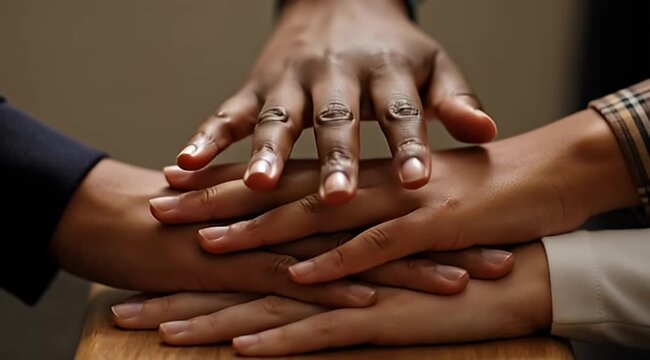 Diverse hands stacked together representing unity, teamwork, collaboration and togetherness concept