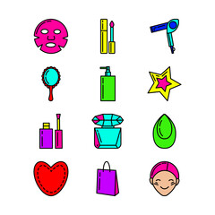 Colorful set of beauty and shopping icons: sheet mask, lip gloss, hair dryer, mirror, pump bottle, star, manicure, perfume, sponge, heart, bag and face. Bold outline, flat style, isolated on light bac