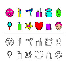 Large set of colorful and outline beauty and shopping icons: sheet mask, lip gloss, hair dryer, manicure, perfume, sponge, mirror, pump bottle, star, heart, bag and face. Isolated on light background.