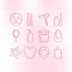 Soft pink set of beauty and shopping line icons: sheet mask, lip gloss, hair dryer, manicure tools, mirror, pump dispenser, perfume, sponge, star, heart, face and bag on grid background.