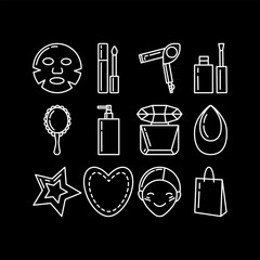 White outline set of beauty and shopping icons on black background: sheet mask, lip gloss, hair dryer, manicure tools, mirror, pump dispenser, perfume, sponge, star, heart, face and bag.