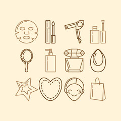 Brown outline set of beauty and shopping icons on beige background: sheet mask, lip gloss, hair dryer, manicure tools, mirror, pump dispenser, perfume, sponge, star, heart, face and bag.