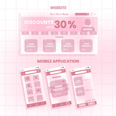Pink beauty ecommerce UI kit with website and mobile application screens. Online store layout with discounts banner, product cards, categories and shopping cart interface on grid background.