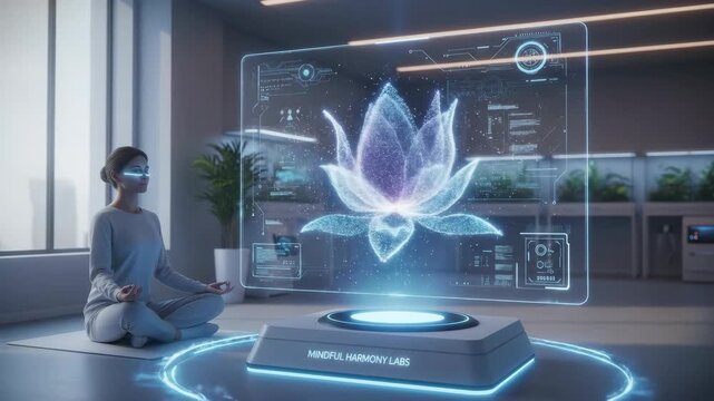 A serene individual meditates while interacting with a futuristic holographic display showcasing a glowing blue lotus flower and complex data visualizations