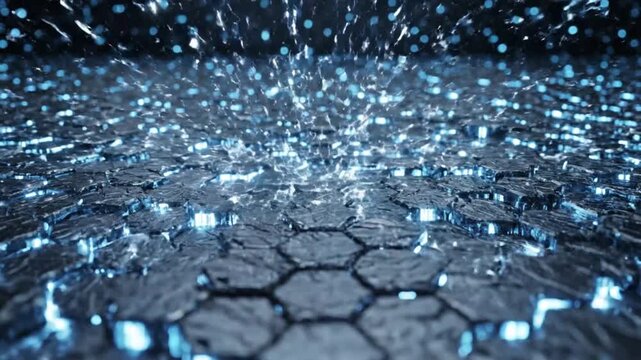 Futuristic digital landscape with hexagonal patterns and sparkling blue particles, viewed from above, showcasing intricate details and dynamic movement