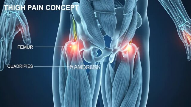 Medical illustration displays thigh pain concept highlighting anatomical structures including femur quadriceps hamstring and adductors with glowing red areas indicating discomfort