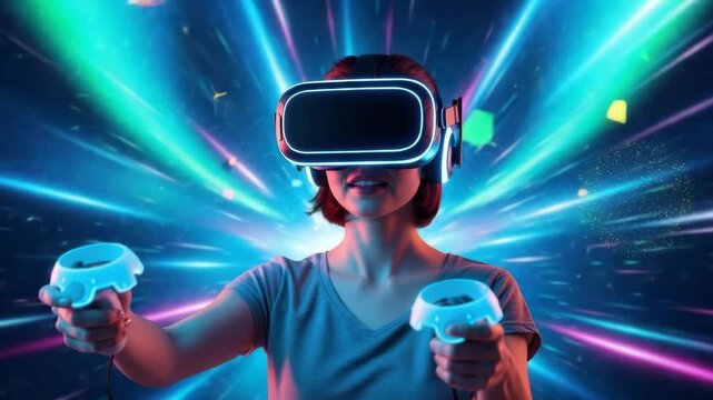Woman experiencing virtual reality with headset and controllers
