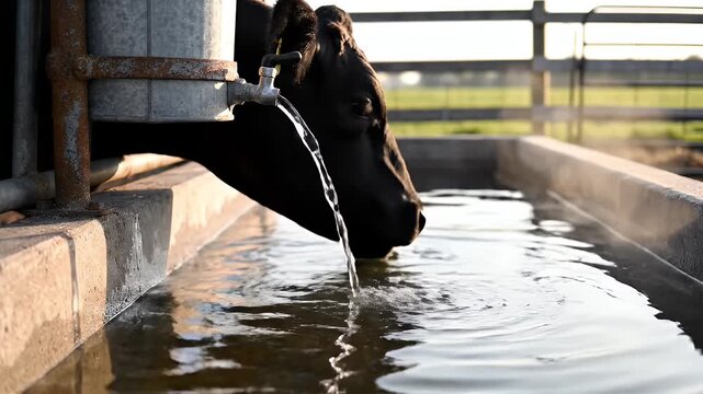 Close Up of Black Cow Drinking Water from a Trough with Sunlight and Fence in Background