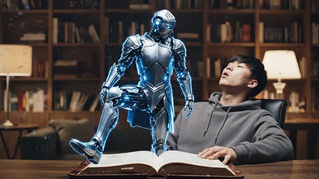 Holographic cyborg materializing from ancient magic book