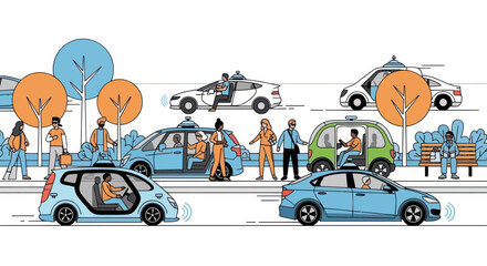 Autonomous vehicles and pedestrians in a futuristic city street scene © solikhin