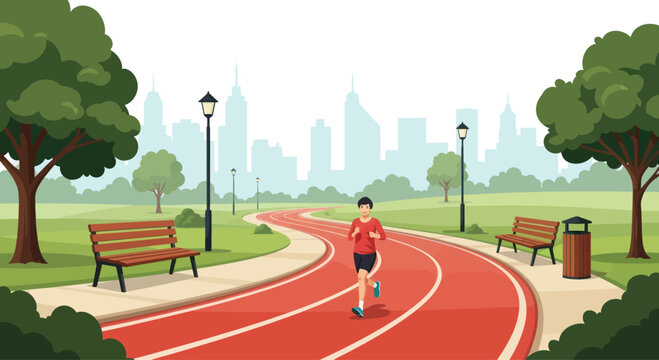 Man running on track in park with city skyline background