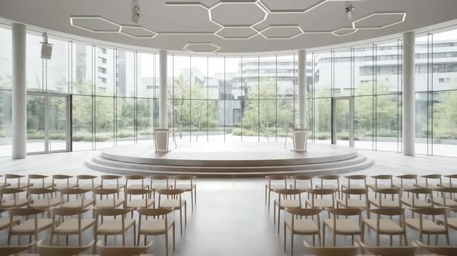 An empty modern event hall with rows of chairs leading to a stage Large windows offer a view of greenery and buildings Recessed ceiling lights add a geometric touch