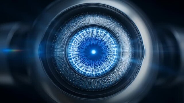Abstract futuristic robotic eye with glowing blue iris and circuit board details