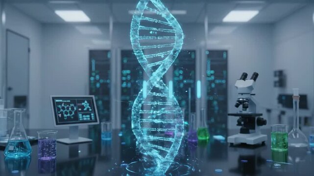 A futuristic glowing dna helix floats above a lab table with microscopes computers and beakers research innovation science discovery future biology medicine