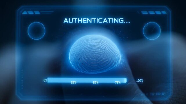 Futuristic fingerprint authentication system displayed on a transparent screen technology