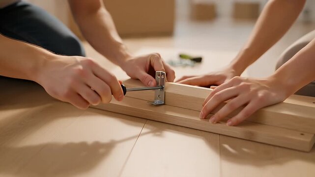 Close up of people assembling wooden furniture with screws and screwdriver at home