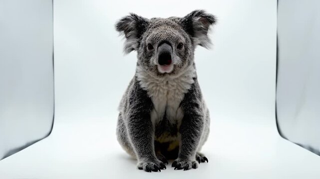 Cute Koala Sits Upright Against Seamless White Infinity Background in Studio Lighting