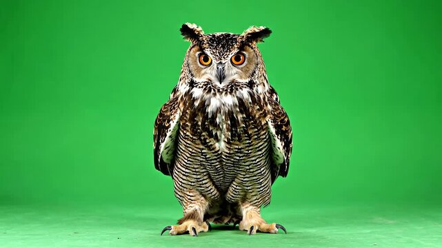 Powerful eagle owl with wings outstretched on green screen, majestic bird of prey