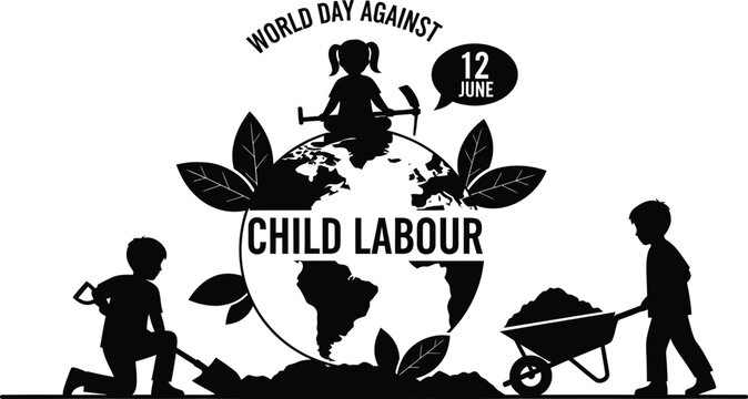 Powerful minimalist black and white silhouette illustration for World Day Against Child Labour featuring children working with tools around a globe on 12 June for awareness campaigns AI Generative
