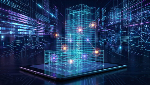 Abstract neon PropTech concept, glowing 3D wireframe hologram of a smart building rising from a digital tablet