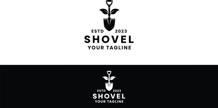 Professional minimalist monochrome logo design featuring a shovel with leaves growing from the handle for landscaping gardening and nature business branding including establishment date AI Generative
