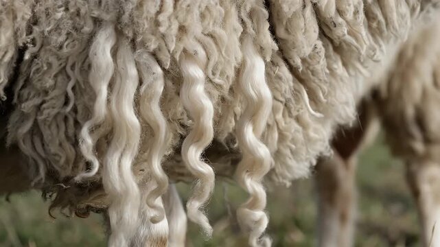 Detailed Macro View of Thick Curly Wool Fibers on Sheep Body Showing Texture and Organic Material Close-Up in Natural Sunlight