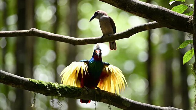 Exotic Bird Of Paradise Displays Vibrant Yellow Plumage While Perched On Forest Branch Next To Smaller Bird In Soft Sunlight