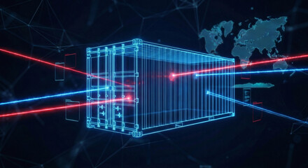 Abstract neon digital logistics concept, glowing wireframe shipping container being scanned by tracking lasers with a world map