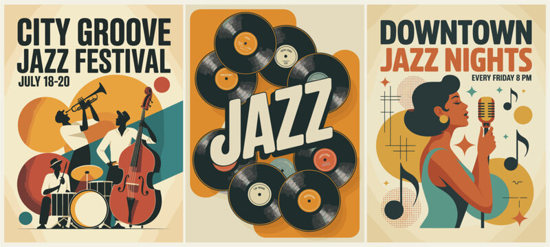 Retro-style jazz poster triptych featuring festival band silhouettes, vinyl records, and a vintage singer, perfect for music events, concerts, and mid-century design projects.
