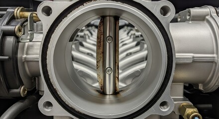 Obraz premium A direct look through a circular metal throttle body showing the butterfly valve and the intake manifold runners in the background