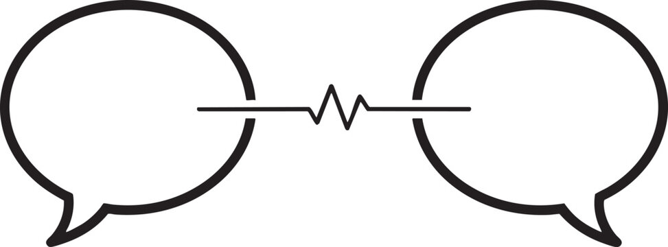 Minimalist black ink illustration of two opposing speech bubbles connected by a single line.