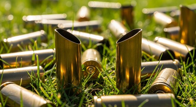 Numerous shiny brass bullet shell casings scattered across green grass under bright sunlight.
