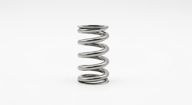 A high-quality studio shot of a shiny steel compression spring standing vertically on a plain white background