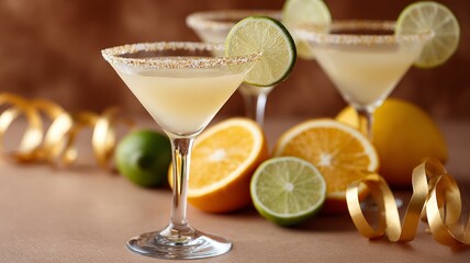 Refreshing margarita cocktails with citrus slices on warm backdrop