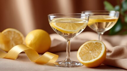 Elegant cocktails with lemon slices on luxurious fabric
