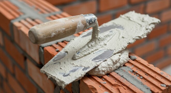 A close-up of a metal trowel with a wooden handle resting on a red brick wall. Fresh grey mortar is spread on the bricks, showing a work in progress at a construction site