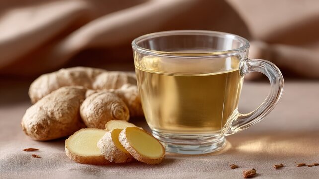 Herbal ginger tea in transparent glass cup on rustic fabric