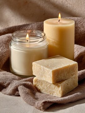 Natural soap bars and candles on soft beige fabric